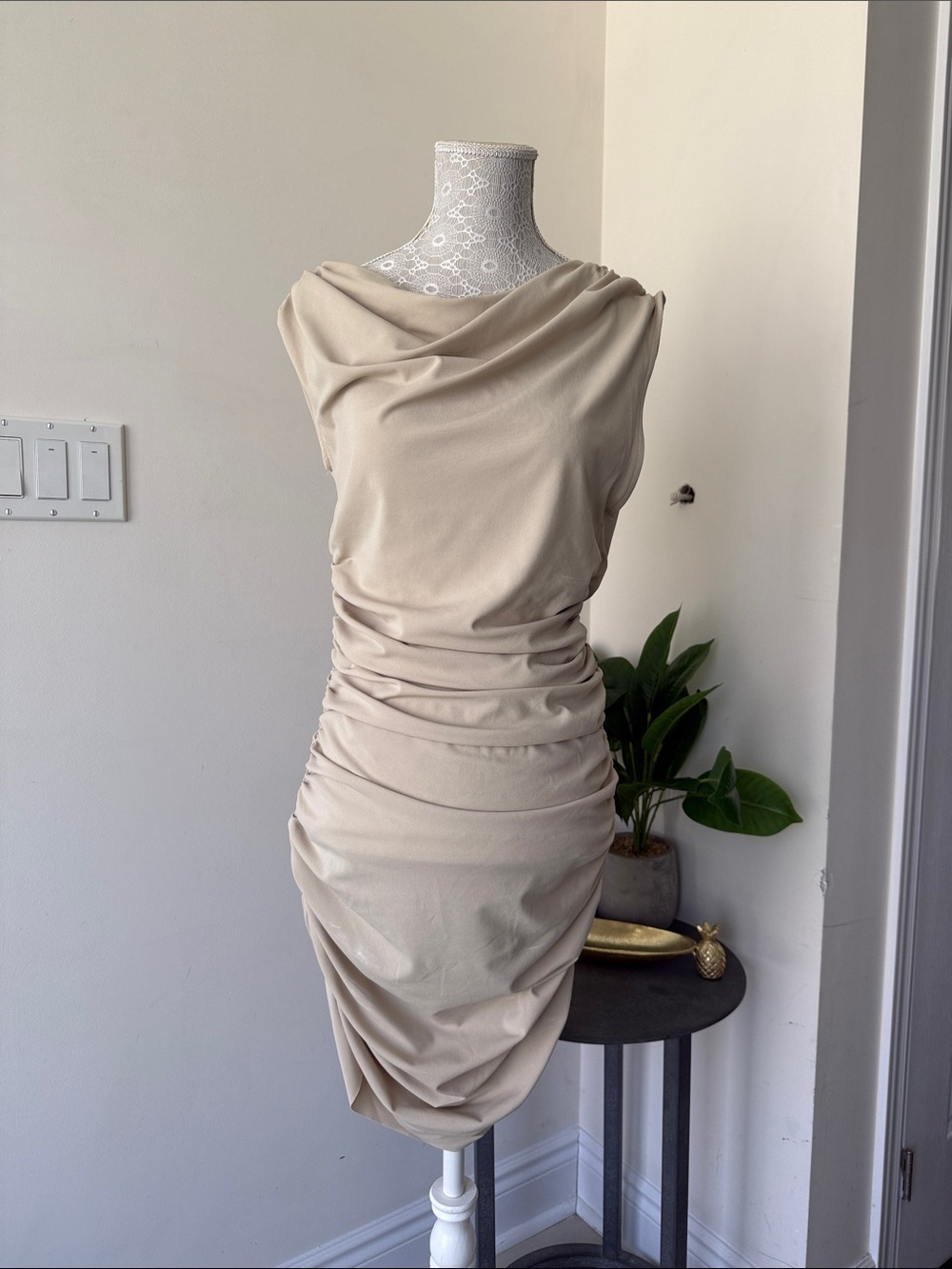 Mango Beige Draped Ruched Midi Dress